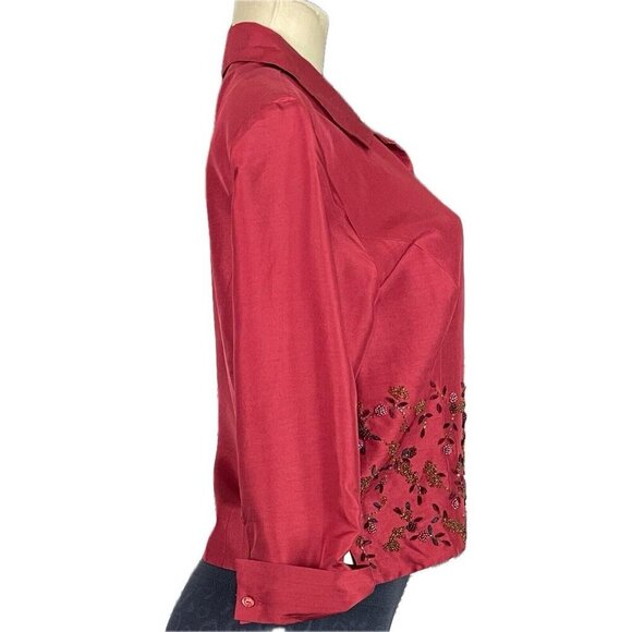 Ice 4 Red Silk Beaded Floral Button Down Front Lined Collar 3/4 Sleeve Blouse - Picture 3 of 6